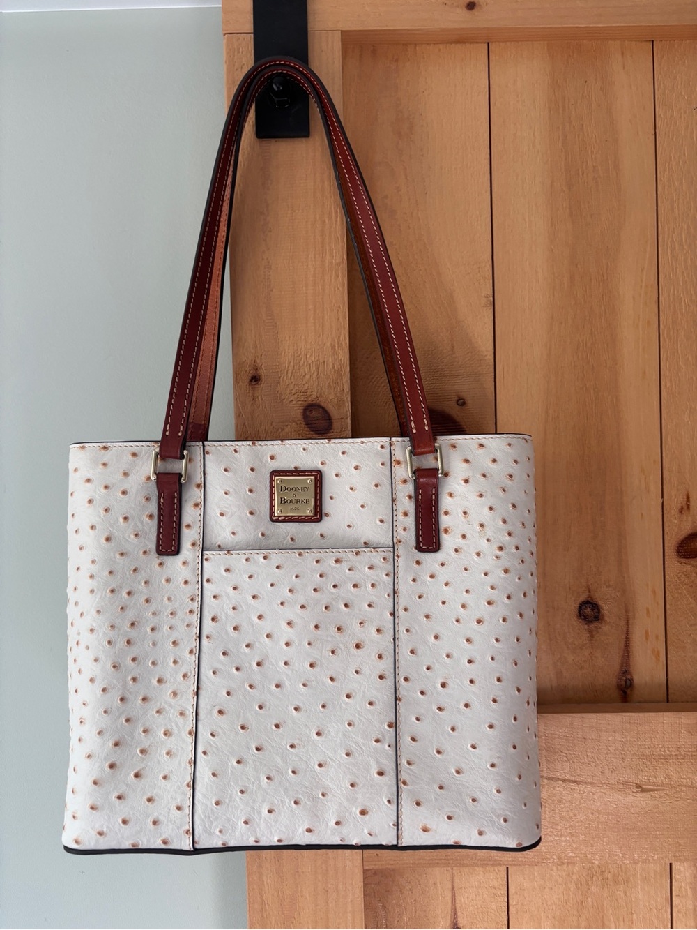 Dooney & Bourke White Ostrich-Embossed Tote with Brown Handles